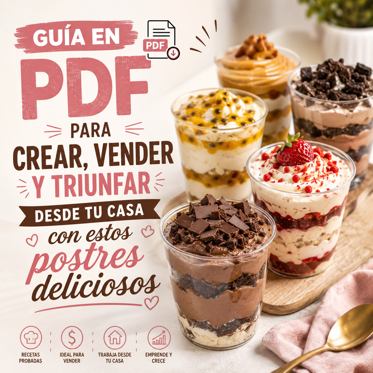 Emprende con Postres en vasos + 2 Bonos: Ganá + $20.000  al mes